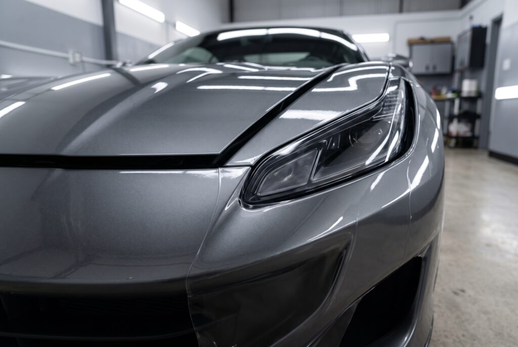 Full front paint protection film coverage on hood fender headlight and bumper
