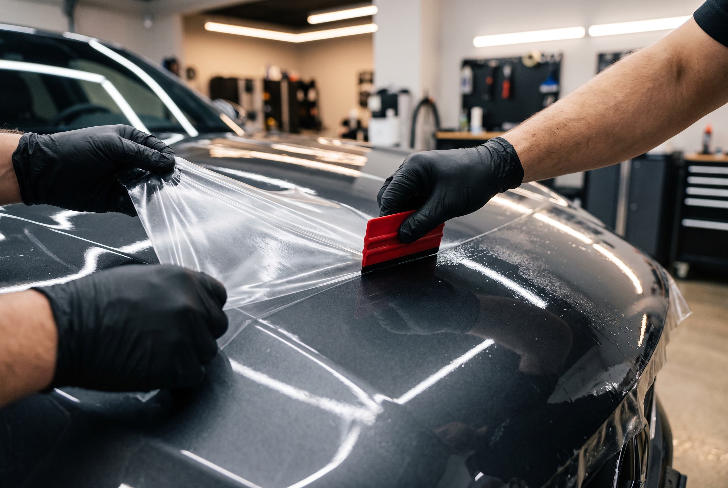 Paint protection film installation with squeegee on vehicle hood