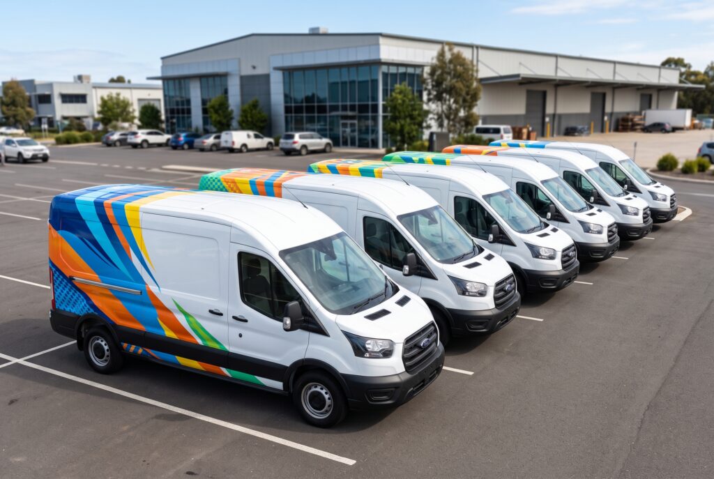 Fleet of vans with custom vehicle wraps and branded graphics