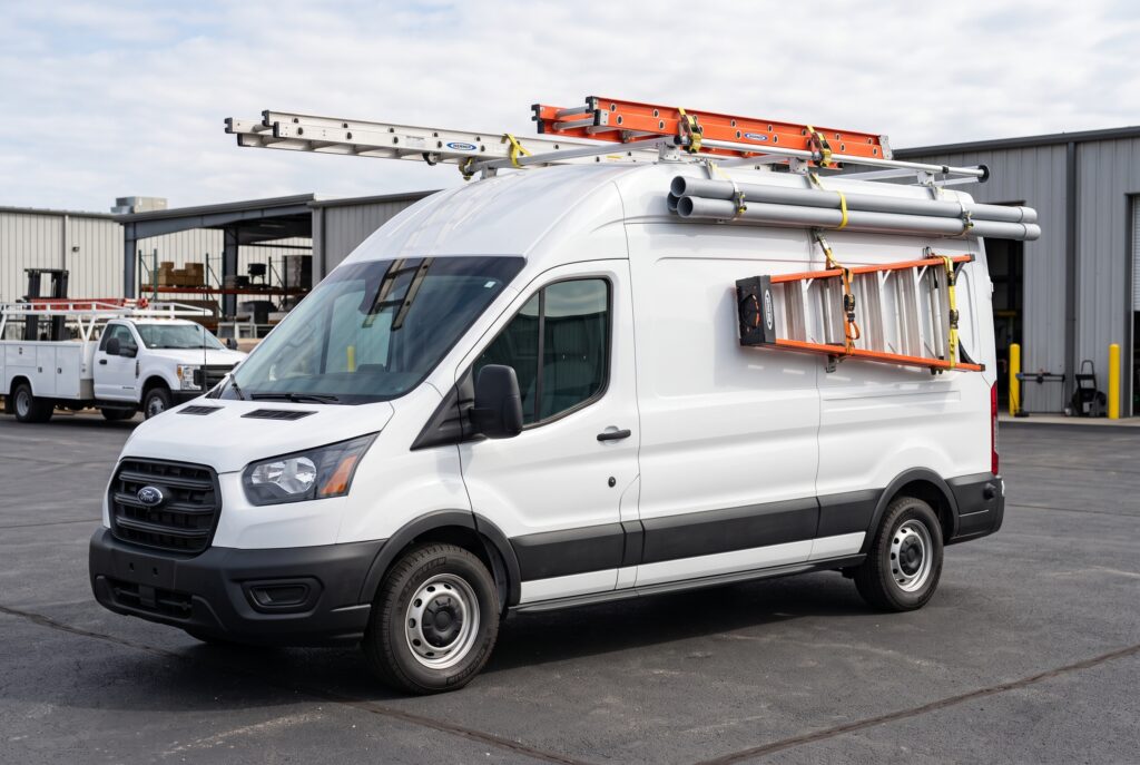 Ladder rack system on a commercial fleet van roof