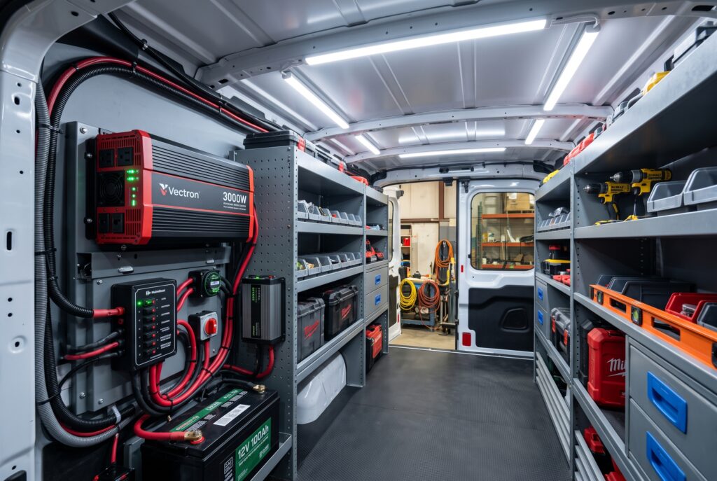 LED lighting and power inverter installation in a fleet vehicle