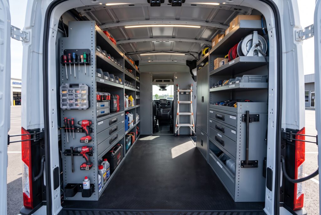 Custom shelving and storage systems installed in a fleet work van