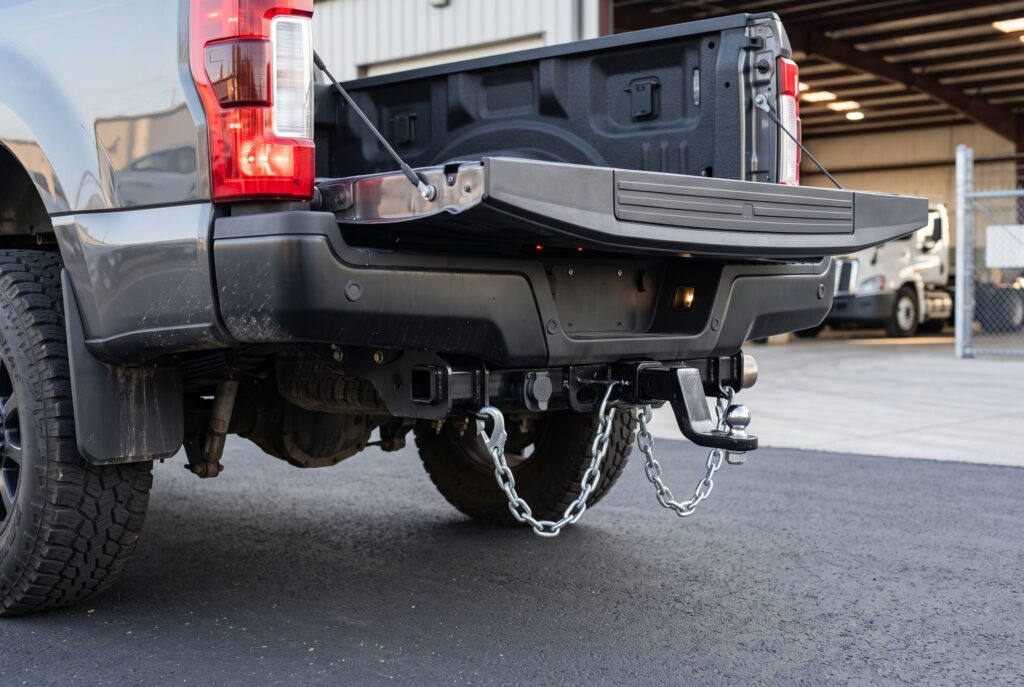 Heavy-duty trailer hitch and towing setup on a fleet truck