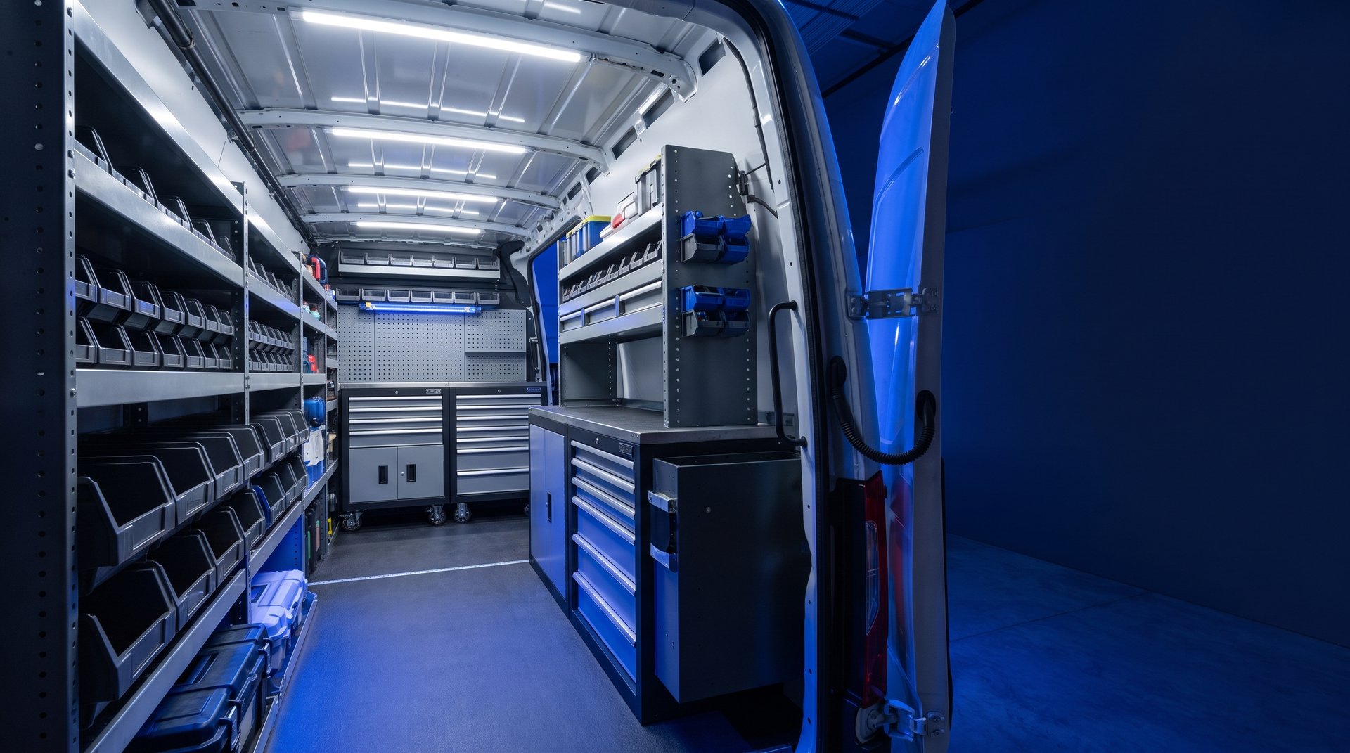 Custom fleet vehicle shelving and storage installation by United Automotive Enhancements